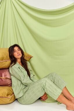 Parterre Organic Cotton Pajama Set Ivy Stripe Green Button Up Pants Size S